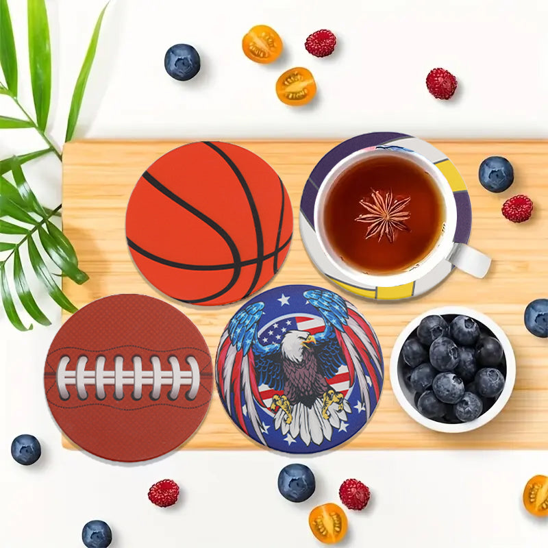 1PCS Unique Coasters - Blend of Sports (Basketball, Volleyball, Football) & USA - Inspired Designs, Heat - Resistant & Decor