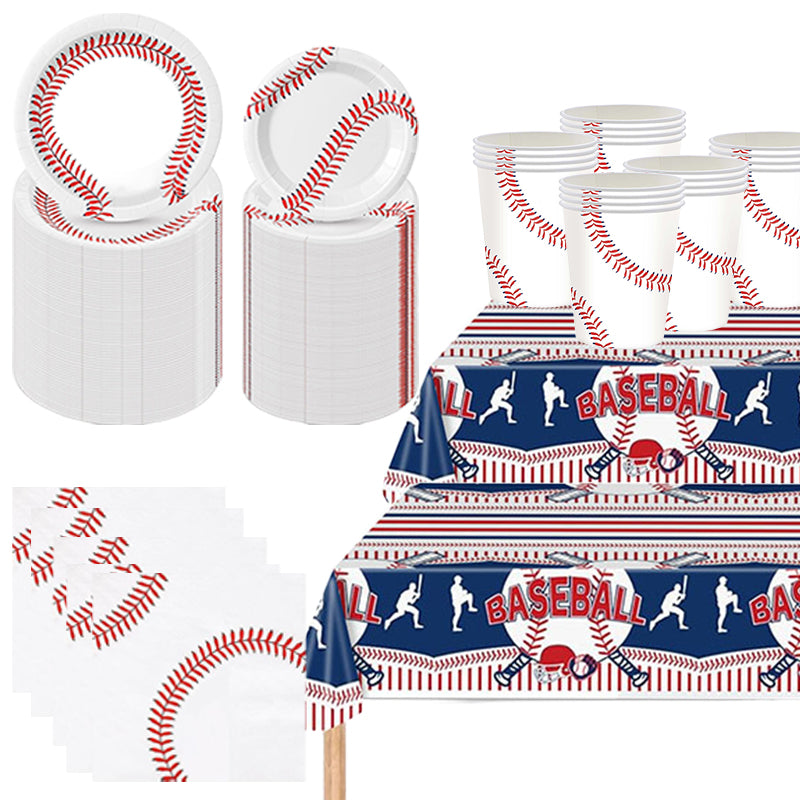 133PCS Baseball paper tray and napkin cutlery set, baseball birthday party cutlery including paper tray, napkin fork for sports baseball party supplies