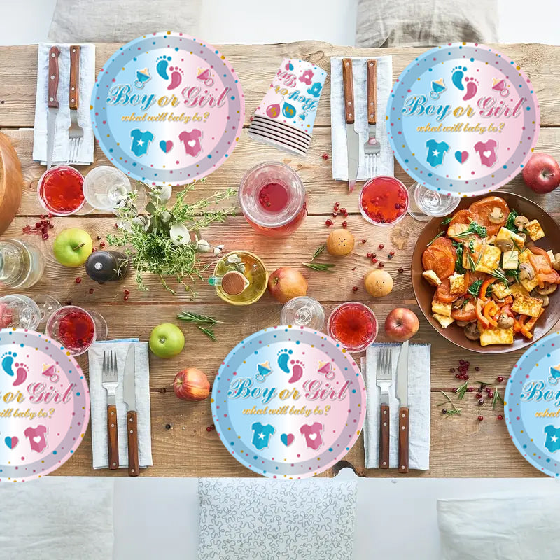 133PCS Baby gender revealed disposable cutlery set suitable for parties, dessert plates, cups, napkins, and cutlery, exquisite set