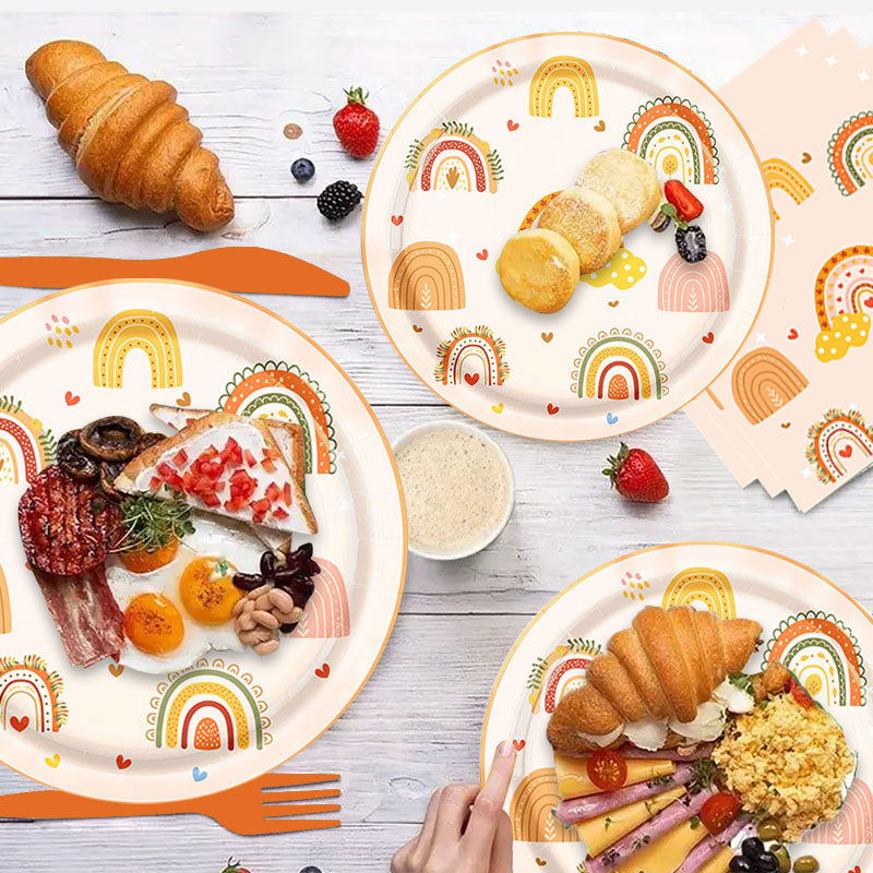 133PCS Bohemian Rainbow Party Supplies Bohemian Rainbow Baby Shower Tableware Set Including Paper Plate Napkins and Tablecloths Suitable for Bohemian Birthday Party Baby Shower Decoration Supplies