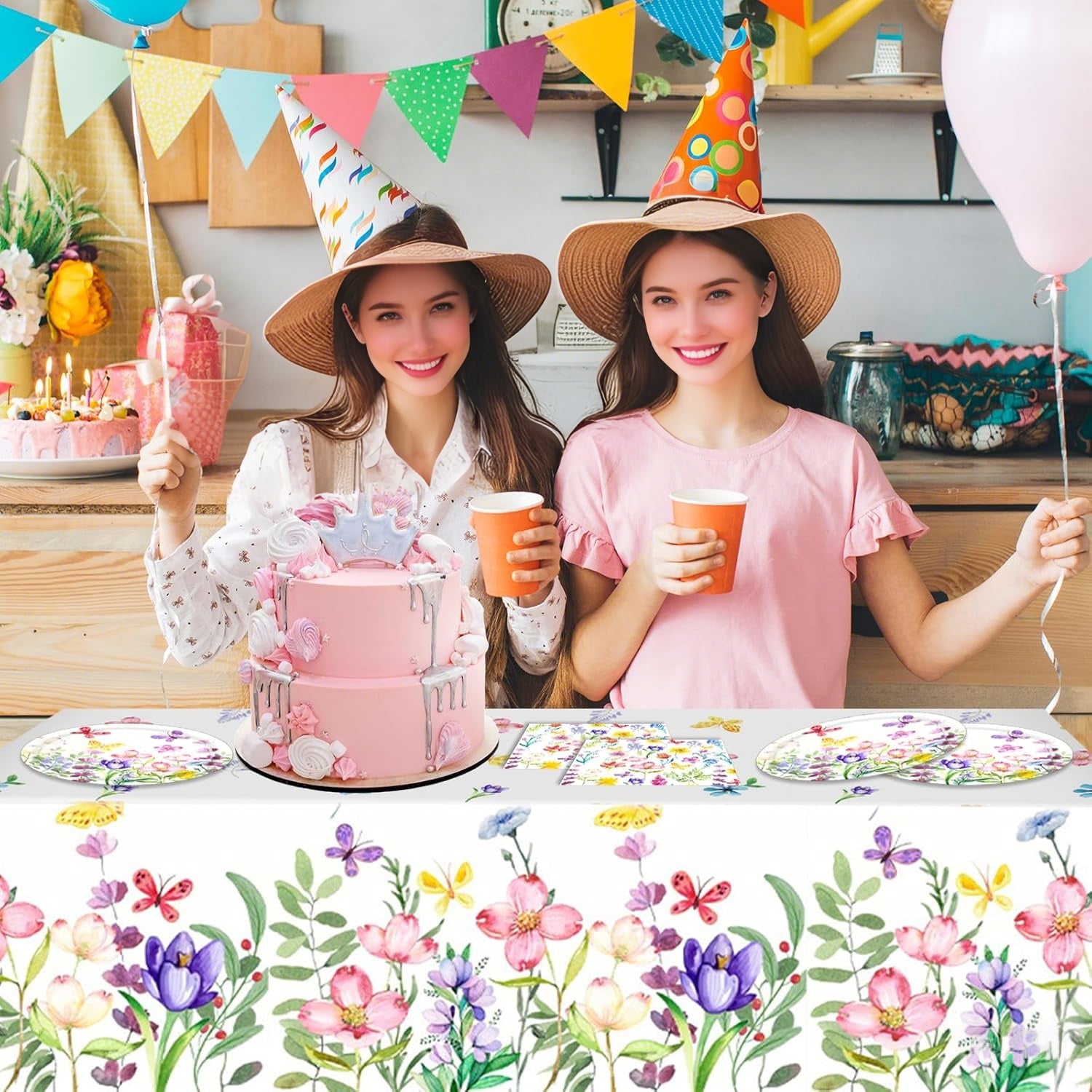 133PCS Spring tulip flower paper plate flower party decoration plate, disposable tableware decorated with spring wildflowers, suitable for birthdays, weddings, tea parties, and bridal showers