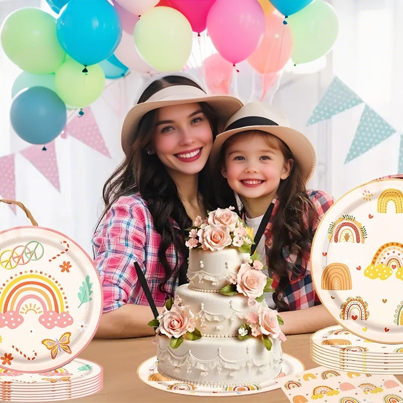 133PCS Bohemian Rainbow Party Supplies Bohemian Rainbow Baby Shower Tableware Set Including Paper Plate Napkins and Tablecloths Suitable for Bohemian Birthday Party Baby Shower Decoration Supplies