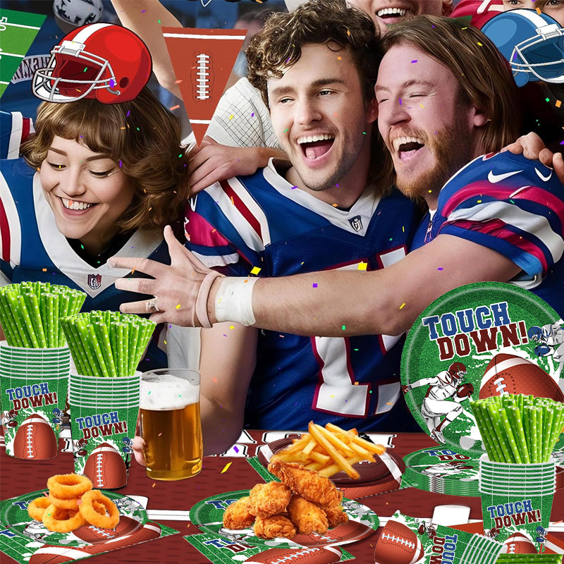 133PCS Disposable plates, cups, napkins, forks, spoons, and knives with a rugby theme are suitable for American football games, birthday parties, sports holidays, and gatherings