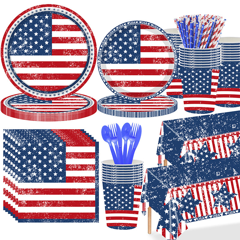 133PCS Independence Day party supplies tableware, American retro party set includes disposable plates, napkins, cups, cutlery, and tablecloths, suitable for Independence Day patriotic activities