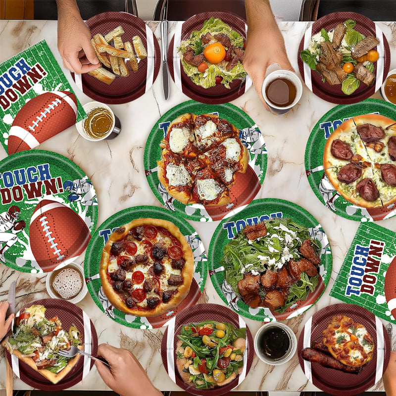 133PCS Disposable plates, cups, napkins, forks, spoons, and knives with a rugby theme are suitable for American football games, birthday parties, sports holidays, and gatherings