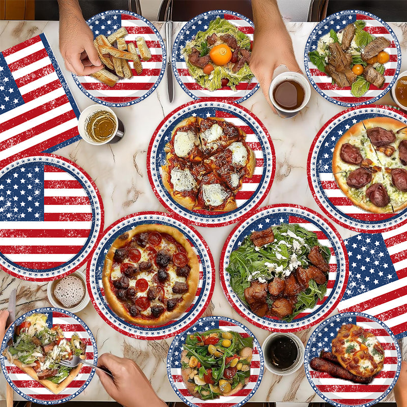 133PCS Independence Day party supplies tableware, American retro party set includes disposable plates, napkins, cups, cutlery, and tablecloths, suitable for Independence Day patriotic activities