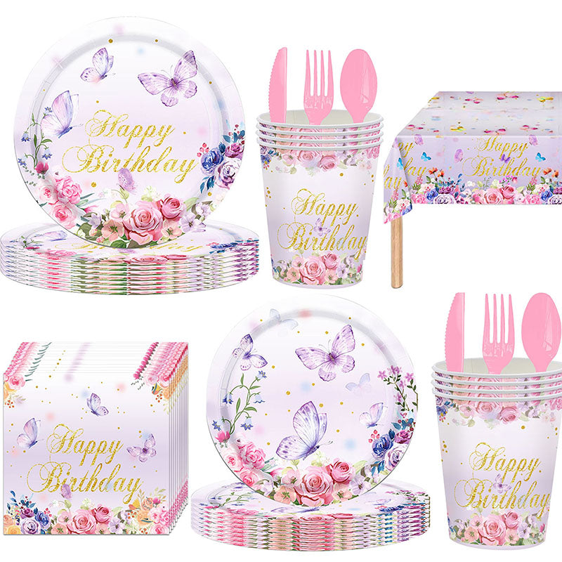 133PCS Wildflower party supplies decoration, flower paper plates and napkins party supplies, tea party plates and cups disposable tableware set, suitable for spring butterfly birthday decoration