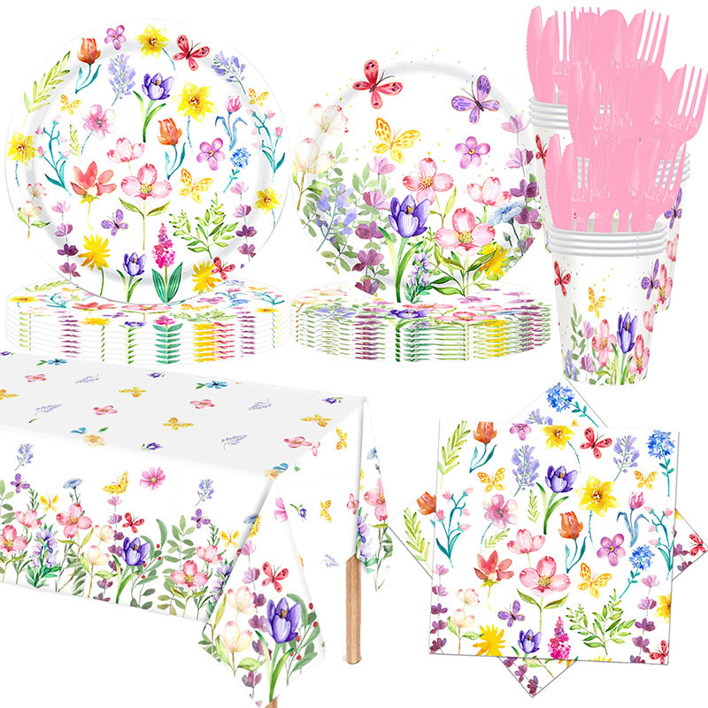 133PCS Spring tulip flower paper plate flower party decoration plate, disposable tableware decorated with spring wildflowers, suitable for birthdays, weddings, tea parties, and bridal showers